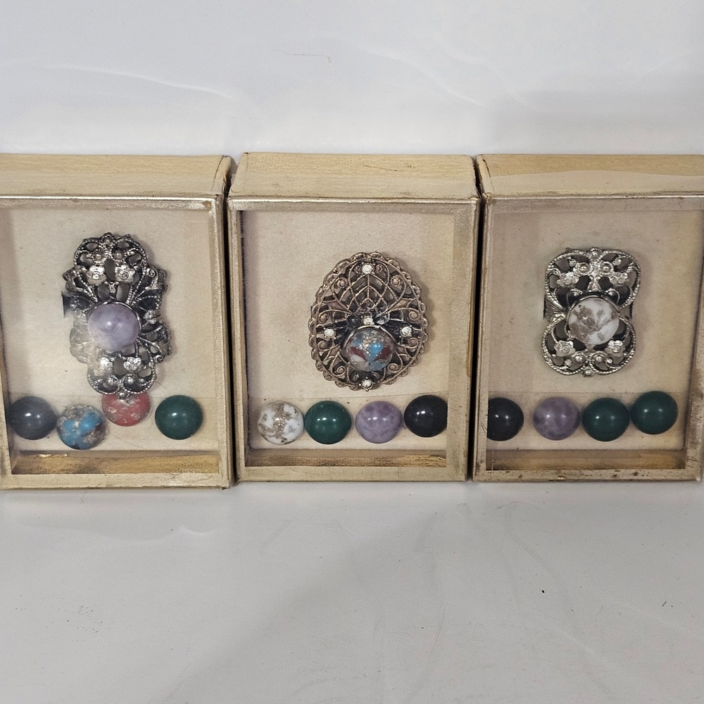 Vintage Interchangeable Stone Ring Set Silver Tone Filigree Boho Statement 3pc